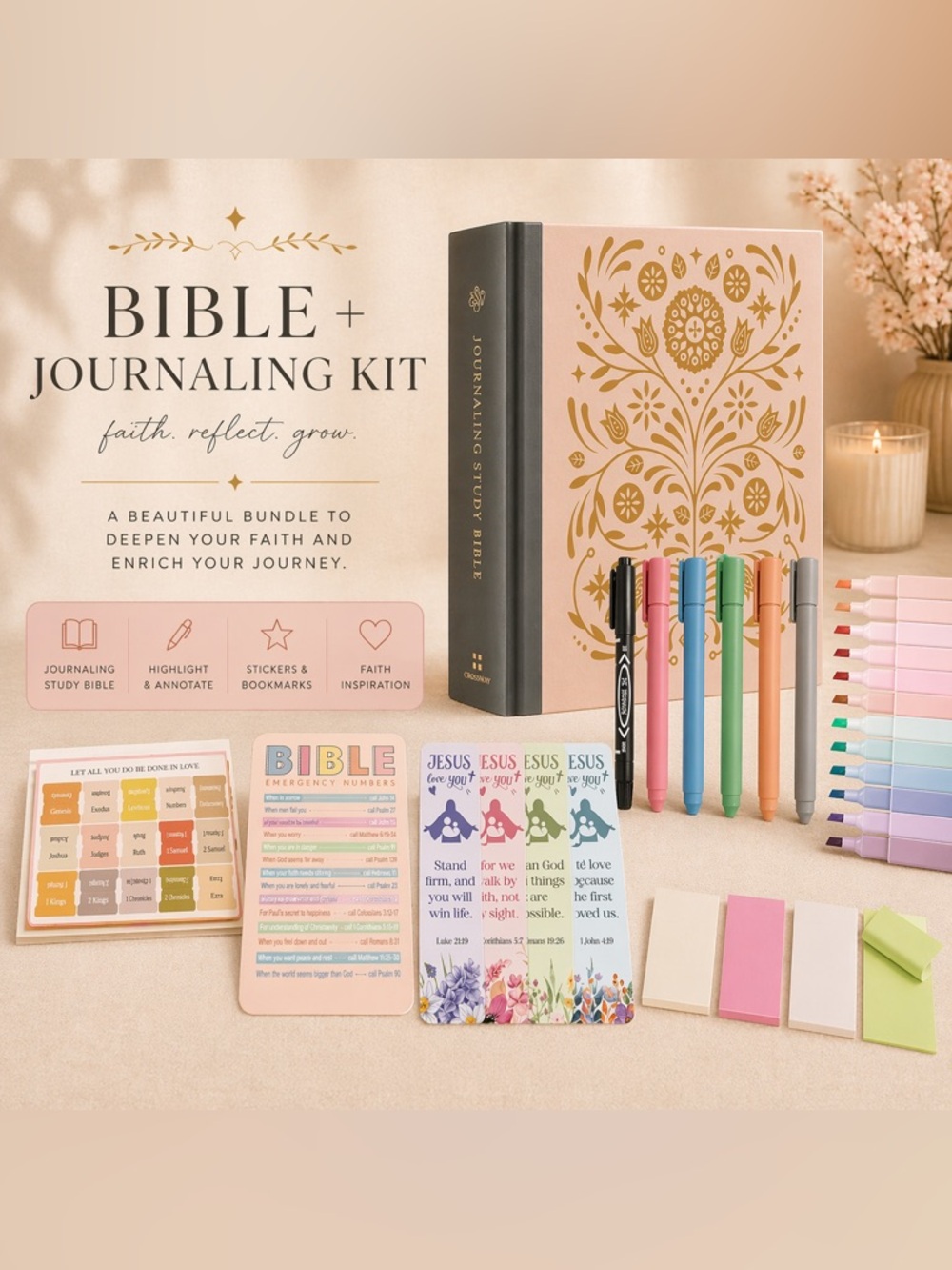 Journaling Study Bible Kit with Floral Pink Cover and Gray Spine